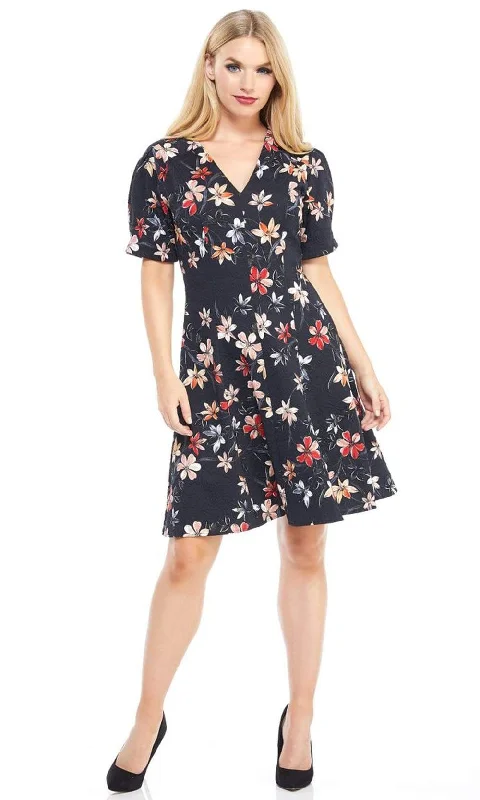 Save More Than Ever!London Times - T3783M Floral Short Sleeve Fit And Flare Jacquard Dress