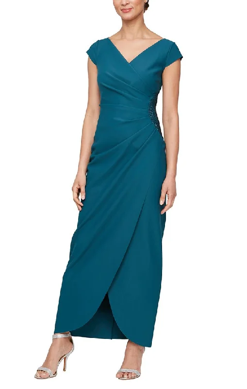 Unbeatable Prices!Long Cap Sleeve Compression Sheath Dress with Surplice Neckline and Hip Detail