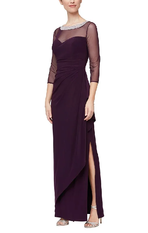 Best Offers of the Month!Long Matte Jersey Illusion 3/4 Sleeve Side Ruched Dress with Embellished Neckline