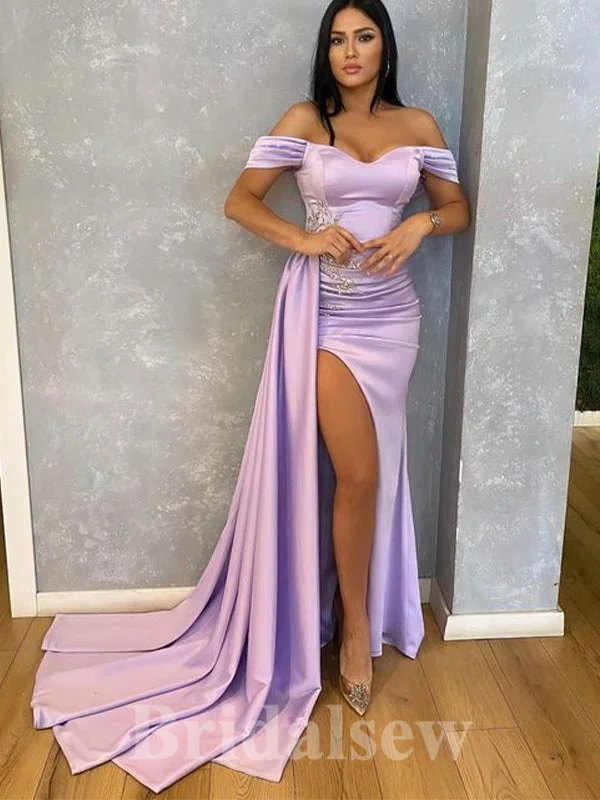 Find Your Perfect Deal Today!Long Mermaid Off the Shoulder Lilac Satin Elegant Evening Prom Dresses PD931