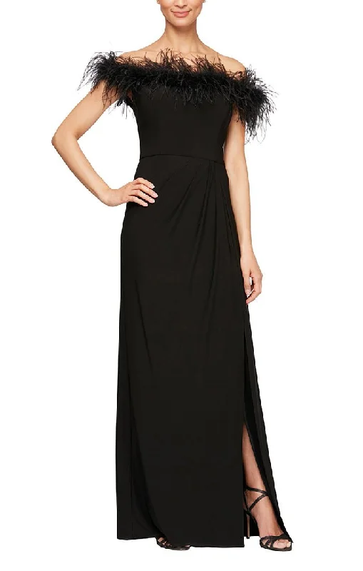 The Best Offers Are Here!Long Off-the-Shoulder Jersey Gown with Front Slit & Maribou Detail Neckline