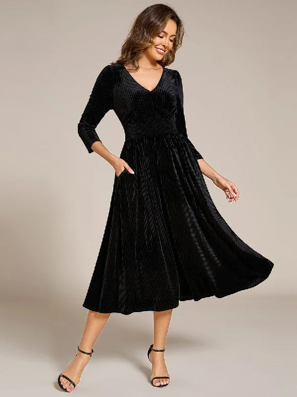 Best Price of the Season!Long Sleeve High Stretch Velvet Tea Length Wedding Guest Dress