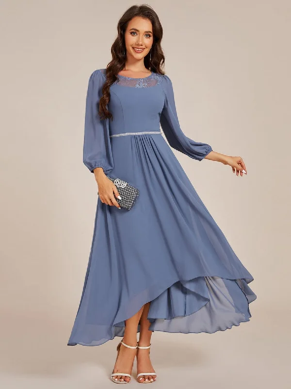 Time to Snag a Bargain!Long Sleeve Waist Chain Round Neckline Midi Chiffon Wedding Guest Dress