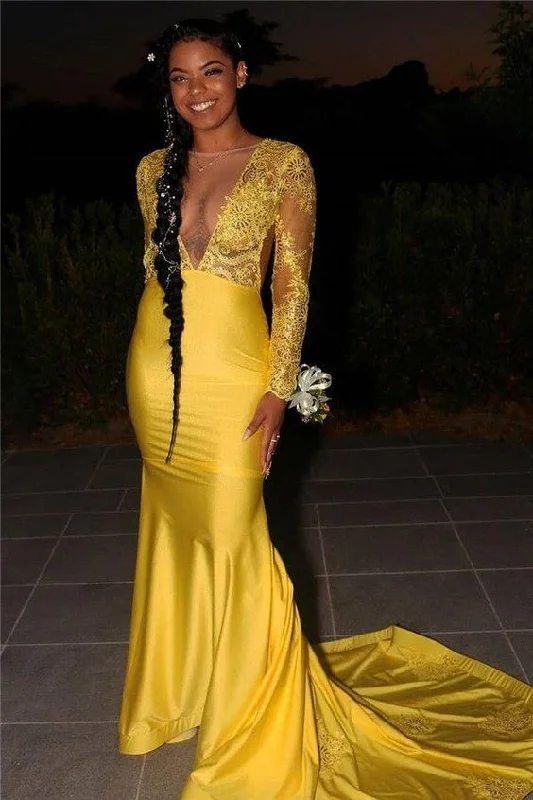 Best Offers of the Month!Long Sleeves Lace Sheath Elastic Satin Open Front Long Yellow Prom Dresses       cg22699