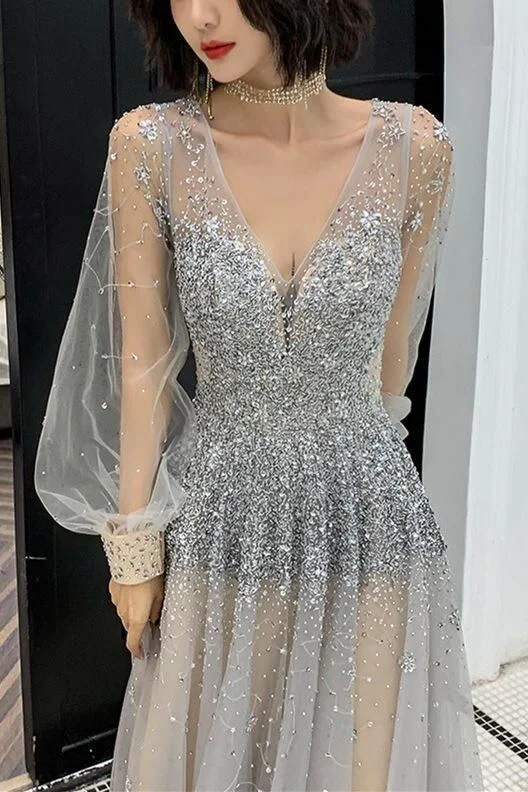 Best Price of the Season!Luxurious Long Sleeves Silver Sequins Long Prom Dress    cg22719