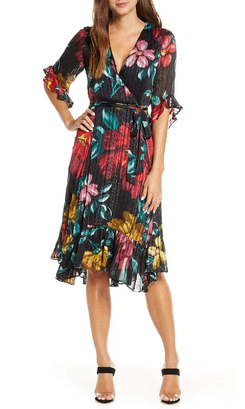 New Discounts Just Dropped!Maison Tara - 91125M Tea Length Floral Metallic Wrap Style Dress