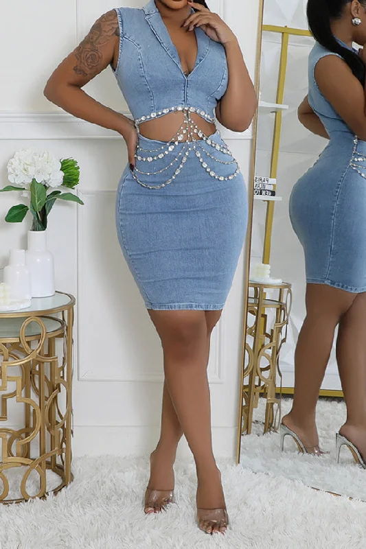 Your Wallet Will Thank You!Multi-layer Rhinestone Decor Cutout Smart Bodycon Denim Mini Dress