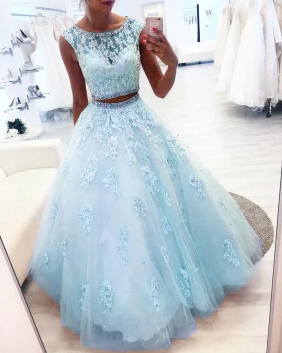 Price Drop Alert!New Arrival Blue Two Pieces Tulle Beaded Ball Gown Prom Dresses      cg22724
