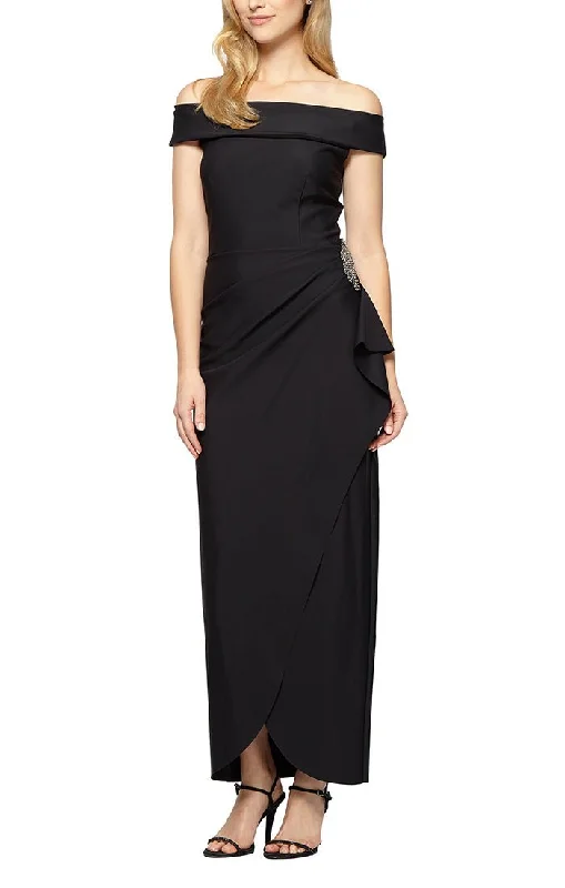 Don’t Wait – Deals Won’t Last!Off-the-Shoulder Compression Dress with Cascade Ruffle Skirt & Embellishment