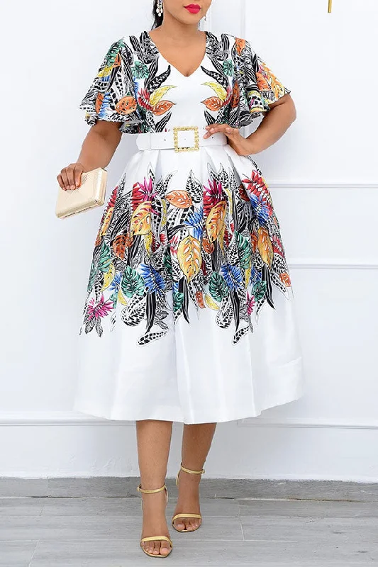Sale Alert – Get Ready to Shop!Palm Leaf Print Elegant A-Line Midi Dress