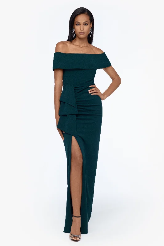 Must-Have Deals Inside!Petite "Camila" Long Off the Shoulder Scuba Crepe Dress