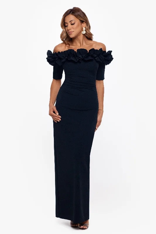 Save More Than Ever!Petite "Isla" Long Scuba Crepe Off the Shoulder Ruffle Top Dress