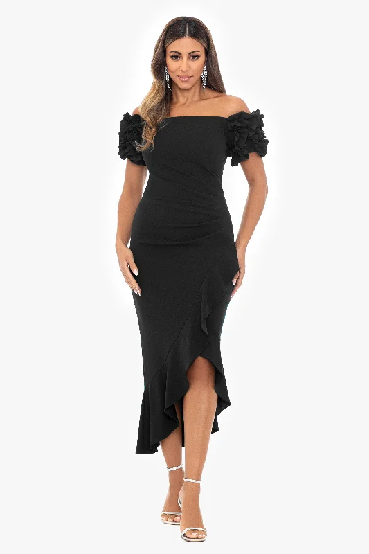 Limited Time Offer!Petite "Loretta" Scuba Crepe Off the Shoulder Ruffle Sleeve Midi Dress