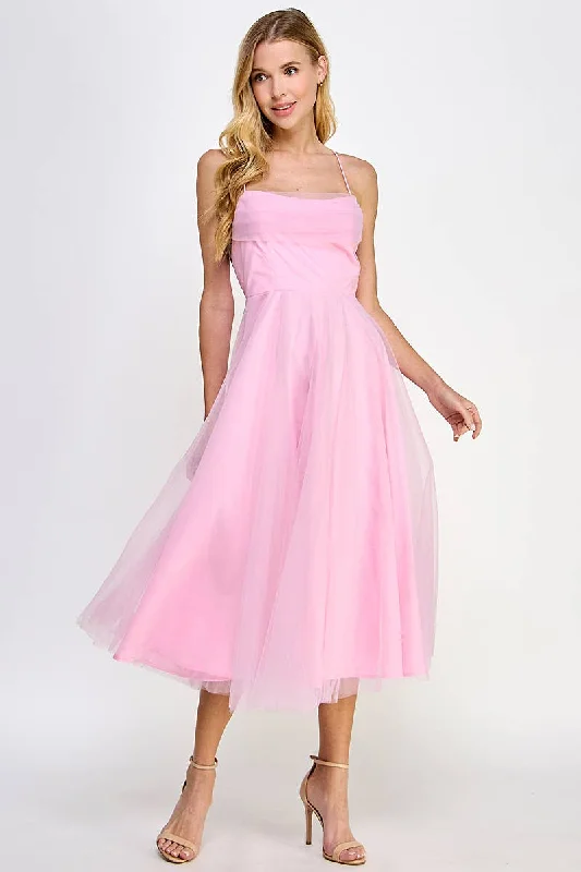 Enjoy Huge Discounts Now!Pink Spaghetti Strap Tulle Midi Dress