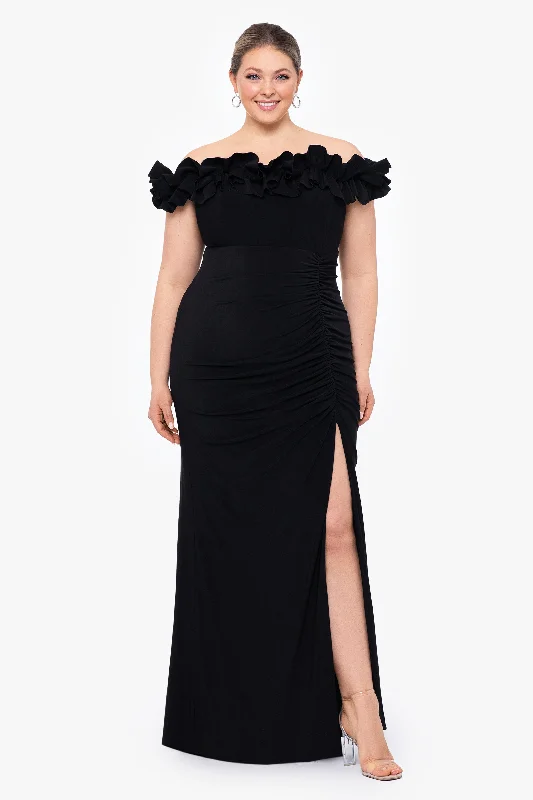 Everything Must Go!Plus "Ruthie" Long Jersey Knit Off the Shoulder Ruffle Top Dress