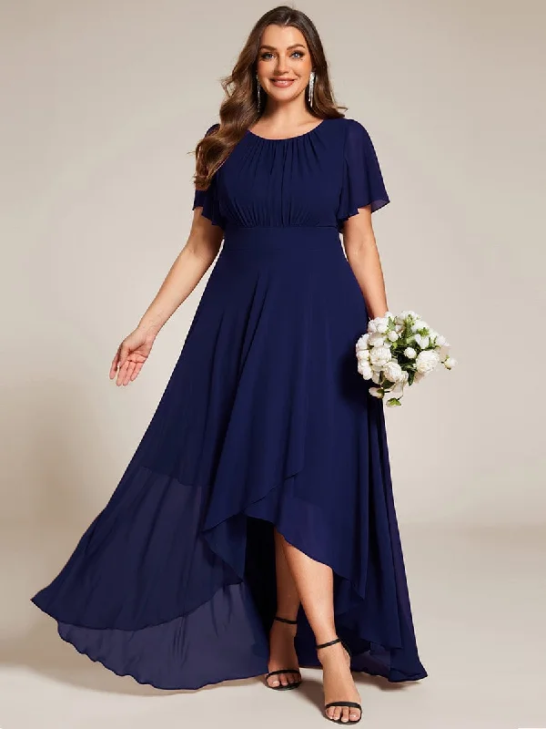 Upgrade for Less!Plus Size Asymmetric Hem Short Sleeve Round Neckline Chiffon Bridesmaid Dress