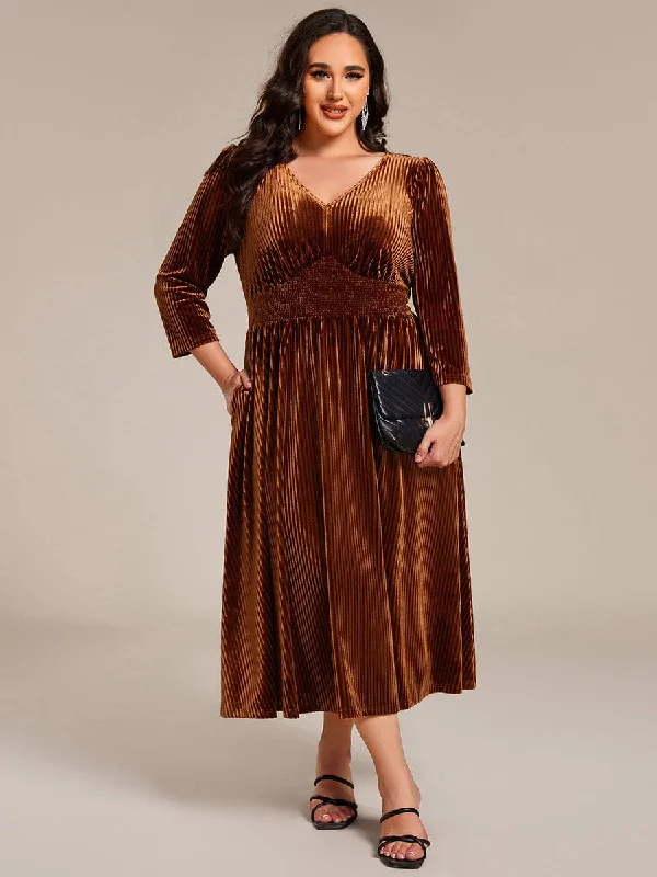 Get It Before It’s Gone!Plus Size Elegant Pleated Velvet Stretchy Tea Length Wedding Guest Dress