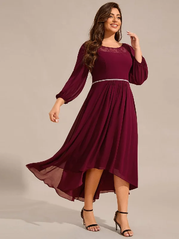 Save More with Every Purchase!Plus Size Lace Round Neck Long Sleeve Chiffon Midi Wedding Guest Dress
