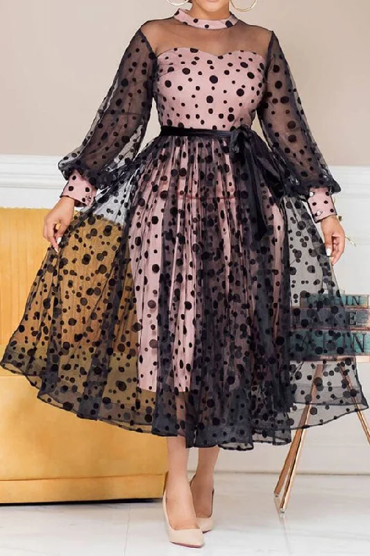 Huge Price Cuts Await!Polka Dot Elegant See-Through Midi Dress