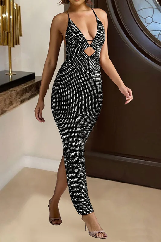 Get More, Spend Less – Shop Now!Rhinestone Glistening Plunging Cutout Back Slit Maxi Dress