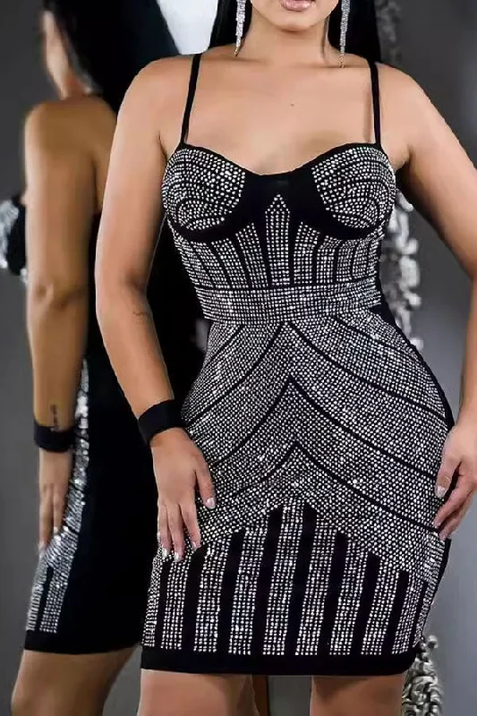 Today Only – Don’t Miss It!Rhinestone Simple Spaghetti Strap Bodycon Mini Dress