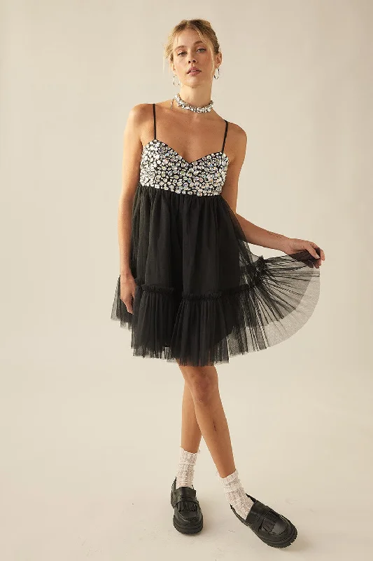 Mega Sale Happening Now!Rhinestones Embellished Tulle Babydoll Dress