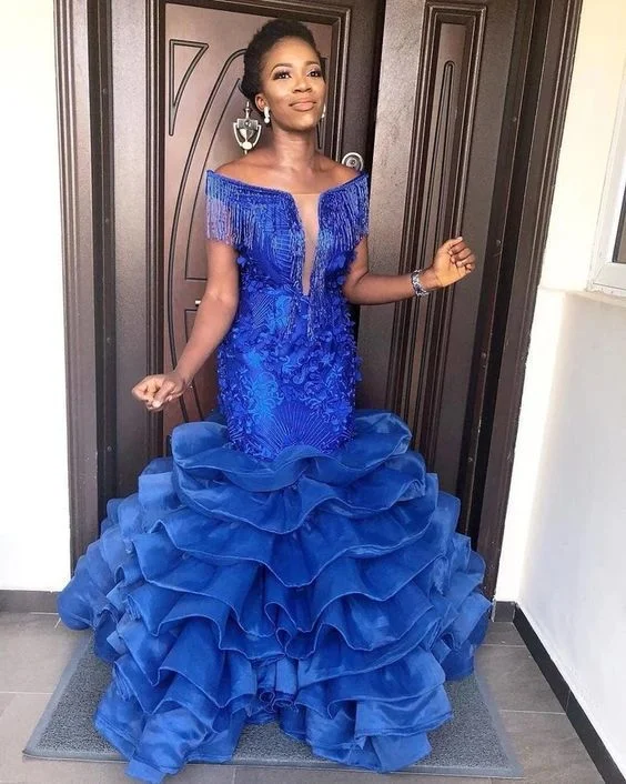Get Ready to Save!Royal Blue Mermaid Prom Dress Scoop Neck Off Shoulder Gorgeous Ruffles Floor Length Prom Dresses       cg22716