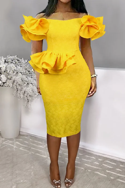 Lowest Prices Guaranteed!Ruffle Design Off Shoulder Sweet Lace Midi Dress