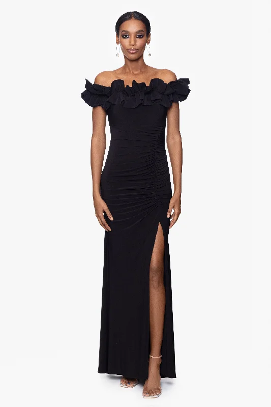 Unlock Huge Savings Now!"Ruthie" Long Jersey Knit Off the Shoulder Ruffle Top Dress