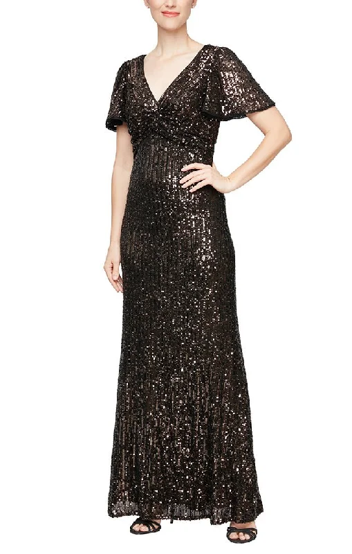 Limited Time Offer!Long Sequin Dress with Twist Detail & Flutter Sleeves