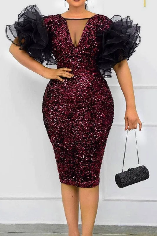 Get More, Spend Less – Shop Now!Sequined Dramatic Mesh Patchwork Midi Dress