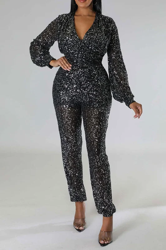 Enjoy Huge Discounts Now!Sequined Sparkly V Neck Jumpsuit