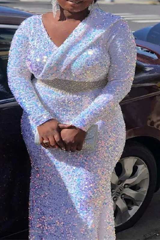 One Click Away from Big Savings!Sequined Sparkly Wrap V Neck Side Split Midi Dress