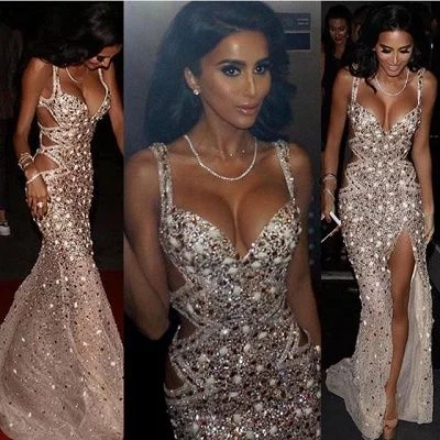 Unbeatable Prices!Sexy Spaghetti Strap V Neck Beades Sheath Front Slit Floor Length Prom Dresses         cg22694