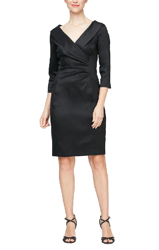 Crazy Discounts Inside!Short Sheath Stretch Taffeta Cocktail Dress with Portrait Collar and Ruched Waist Detail