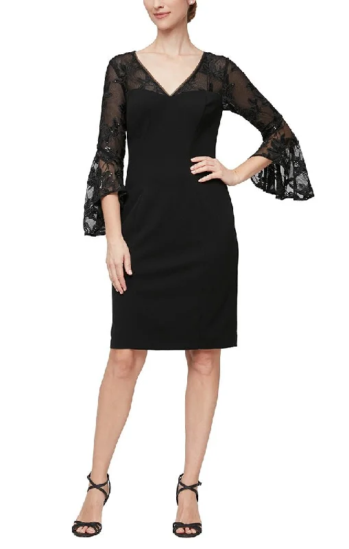 Your Shopping Wish, Our Discount Command!Short V-Neck Sheath Dress With Illusion Neckline and Cascade Bell Sleeves