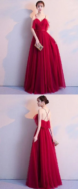 Save More Than Ever!Simple burgundy tulle long prom dress, burgundy evening dress     cg22708