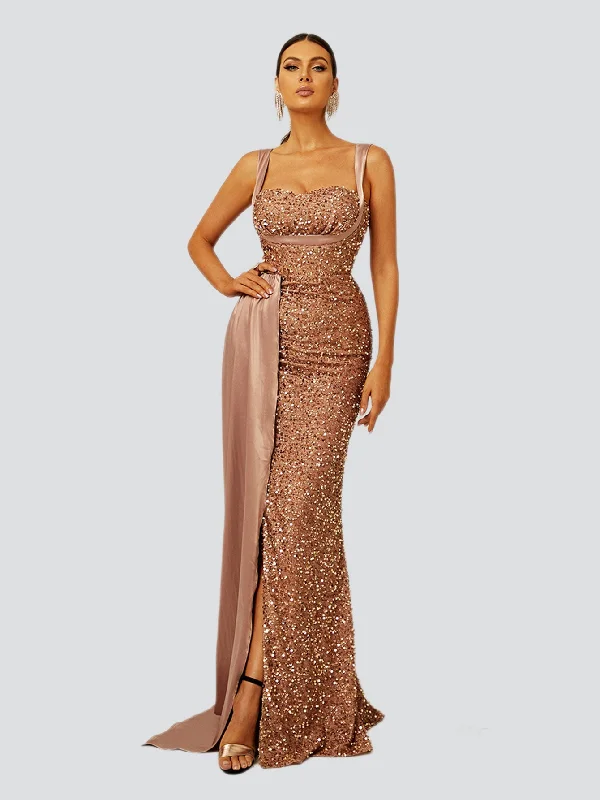 Best Price of the Season!Ribbon Corset Sequin Maxi Prom Dress XH2162