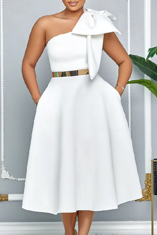 Save Up to 50% Off!Solid Color Elegant Bow Decor One Shoulder Midi Dress