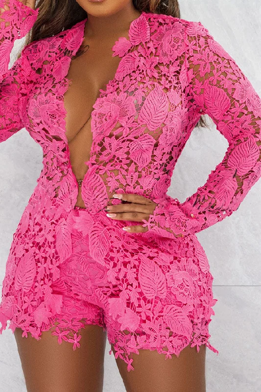 Steals and Deals Await!Solid Color Hot Lace Hollow-Out Pant Suit