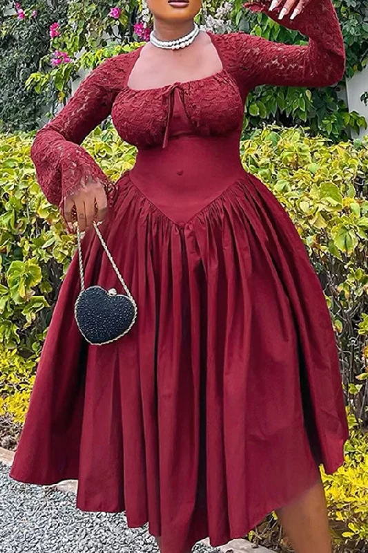Only a Few Left – Order Now!Solid Color Lace Patchwork Square Collar Feminine Irregular Hem Midi Dress