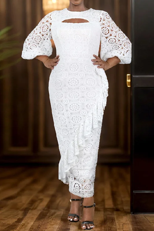 Score Huge Discounts Today!Solid Color Lace Stunning Cutout Ruffles Midi Dress