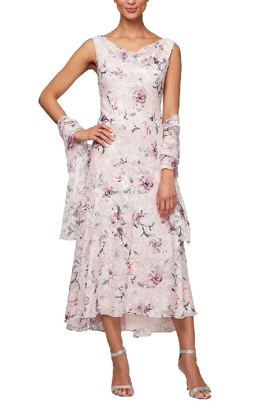 Seasonal Sale – Shop Now!Tea-Length Cowl Neck Printed Chiffon Dress with High/Low Skirt and Shawl