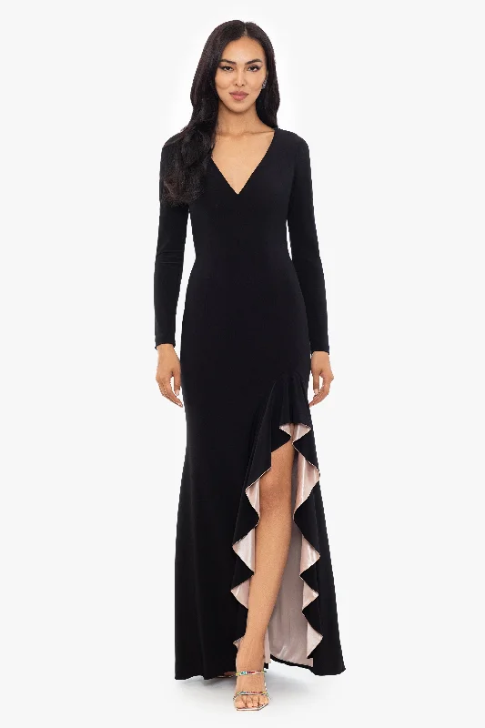 Find Your Perfect Deal Today!"Trudy" Long Sleeve Jersey Knit Contrast Lining Gown