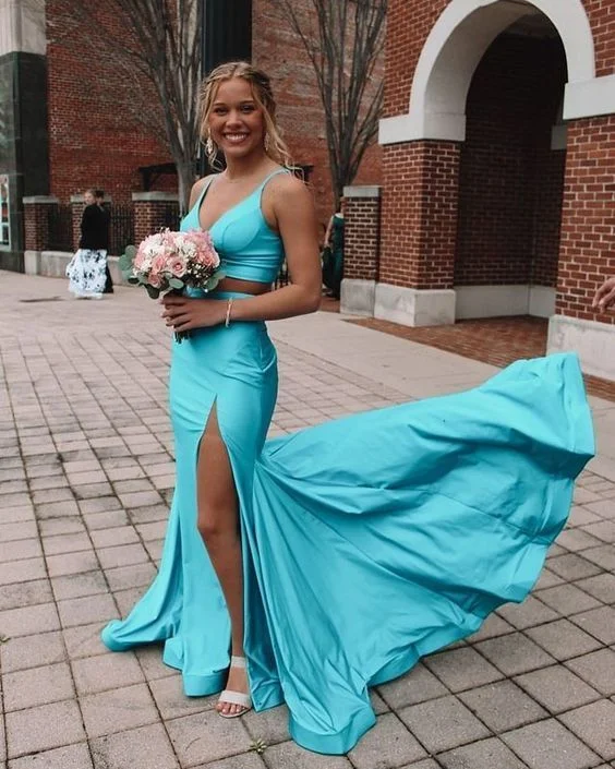Score Big Savings Today!Two Piece Prom Dresses Long Satin Evening Dresses with Side Slit     cg22672