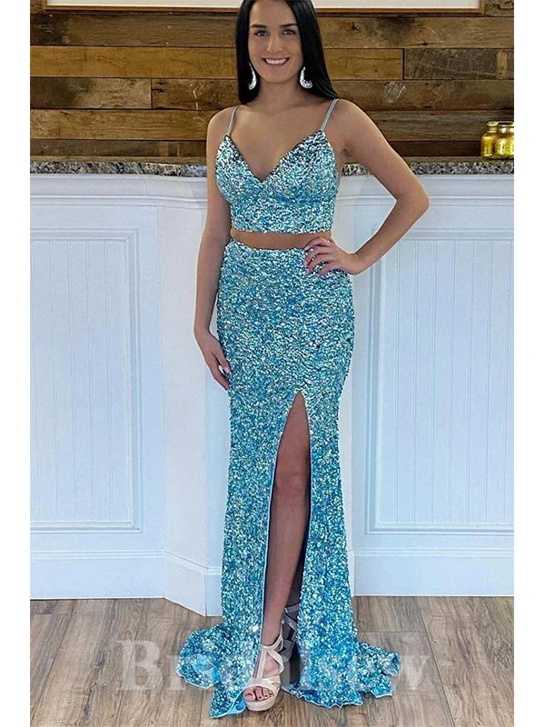 Shop Before It’s Gone!Two Pieces Long Mermaid Sparkly Sequin Glitter Fashion Black Girls Party Evening Prom Dresses PD928