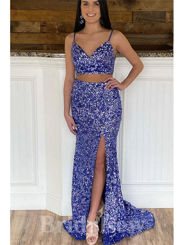 The Best Deals Won’t Wait!Two Pieces Long Mermaid Sparkly Sequin Glitter Fashion Slit Party Evening Prom Dresses PD929