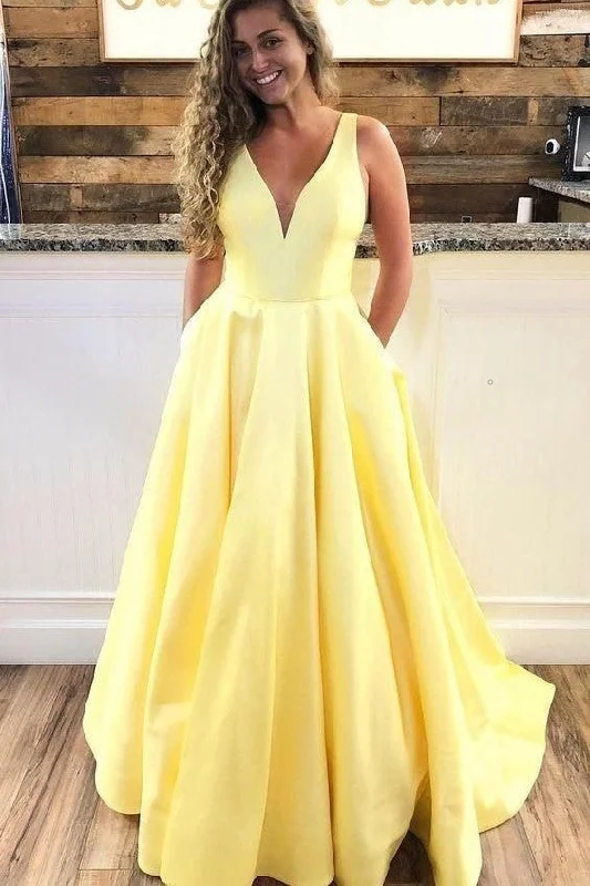 Flash Deals – Act Quickly!V-neckline Satin Yellow Prom Long Dresses with Pockets