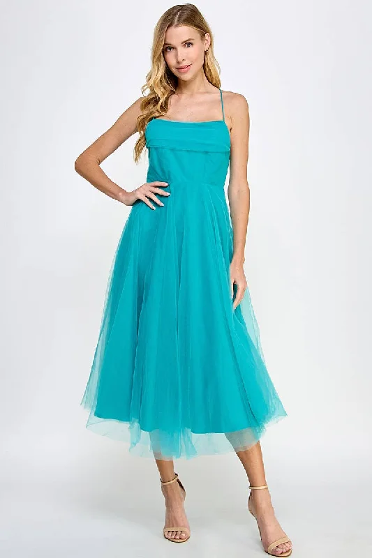 Your Exclusive Offer Awaits!Spaghetti Strap Tulle Midi Dress Square Neckline