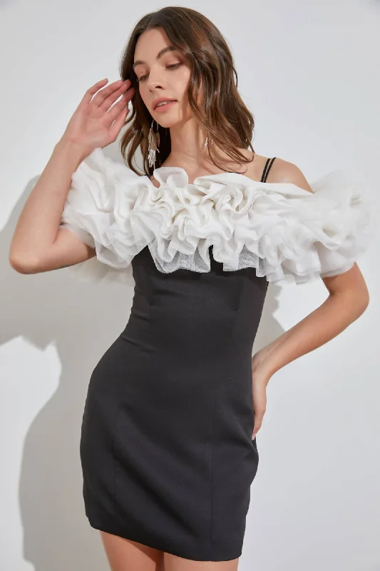 Shop the Hottest Deals!White Ruffle Tube Mini Black Bodycon Short Dress